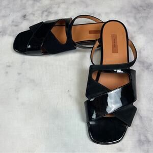 Rachel Comey Suzanne Peep Toe Slide Black Suede + Patent Leather Sandals